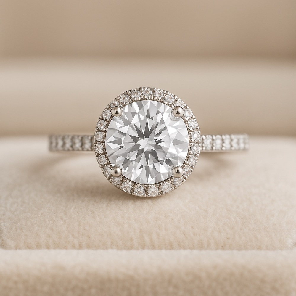 14K White Gold Moissanite Ring 3ct Round Halo Pave Engagement Ring D VVS1